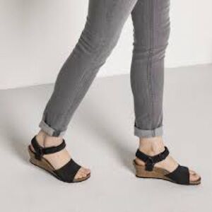 Papillio Eve Sandals Black and Tan Wedge Adjustable Ankle Strap Velcro size 36/6